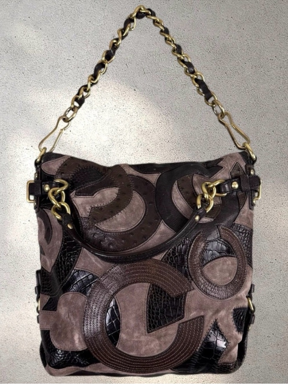 Coach Brown and Black Patchwork Leather & Suede Shoulder Bag